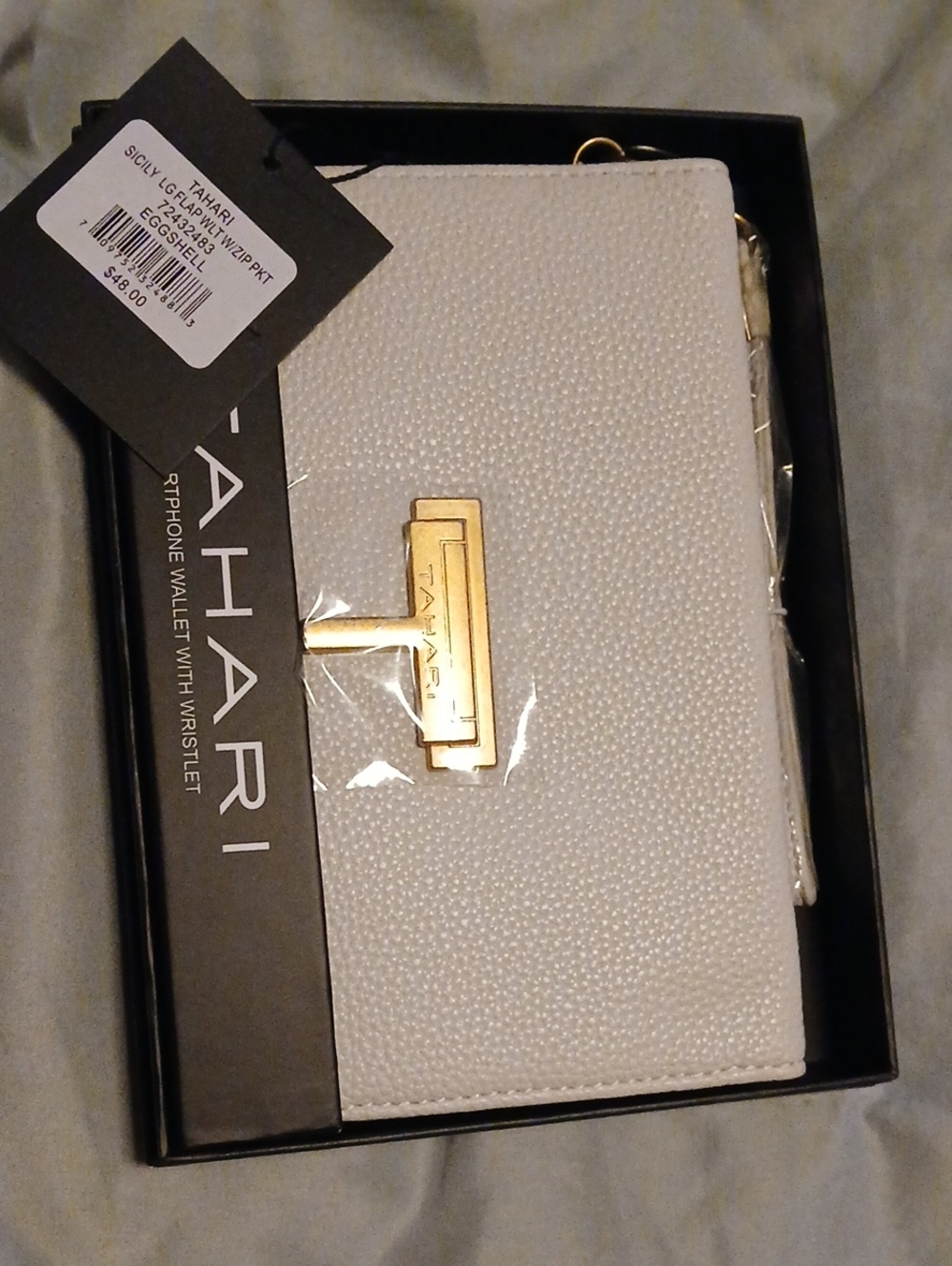 Tahari White Textured Wristlet Phone Wallet with Gold Accent